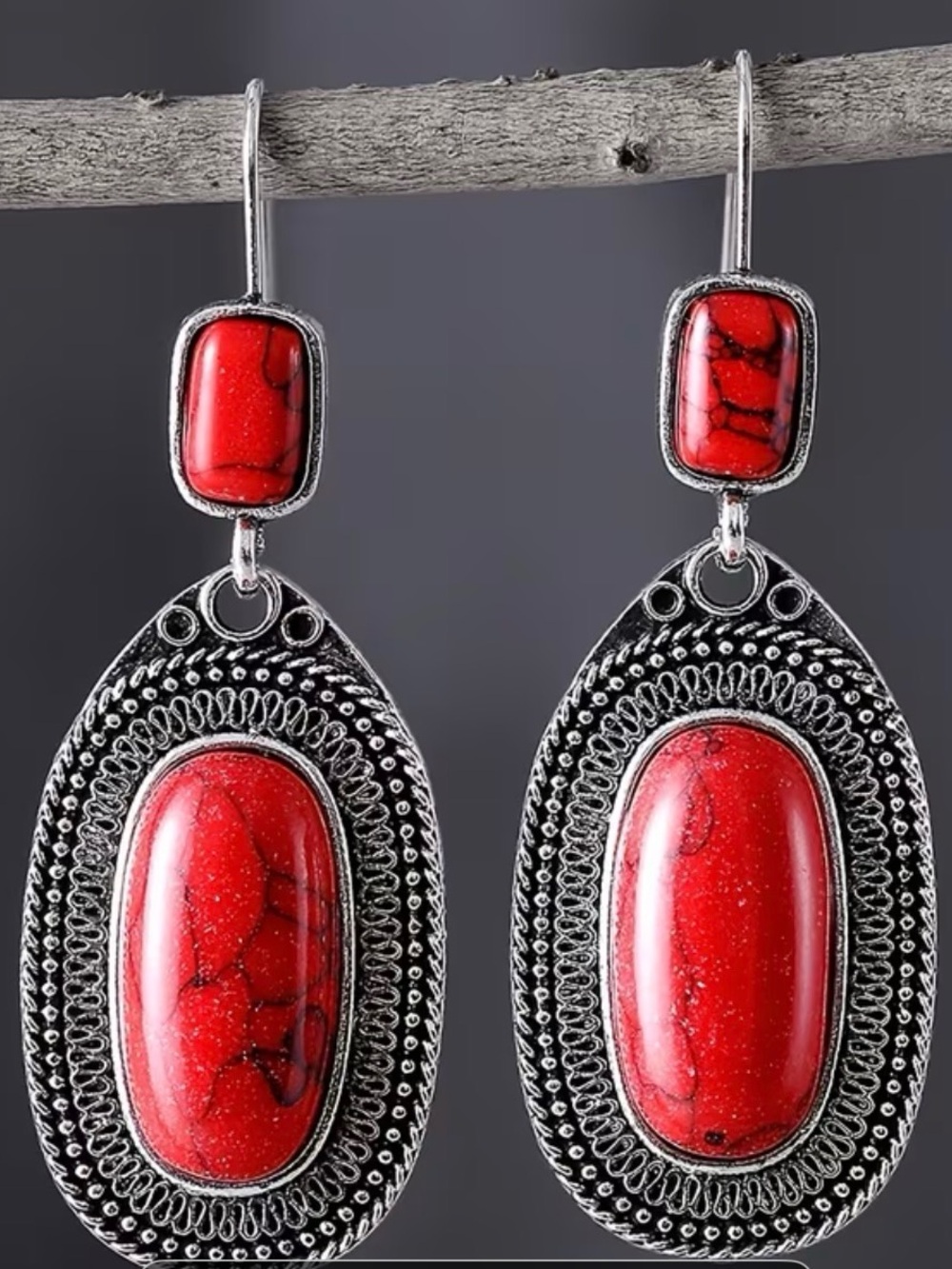 Red Stone Drop Earrings for Women - Silver-Tone Boho Style
